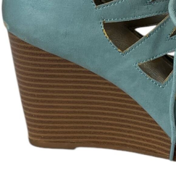 Jun & Ivy Kirra Wedge 4” Heel Sandal Lace Up Open Toe Light Blue Suede Size 7.5M - Picture 5 of 10